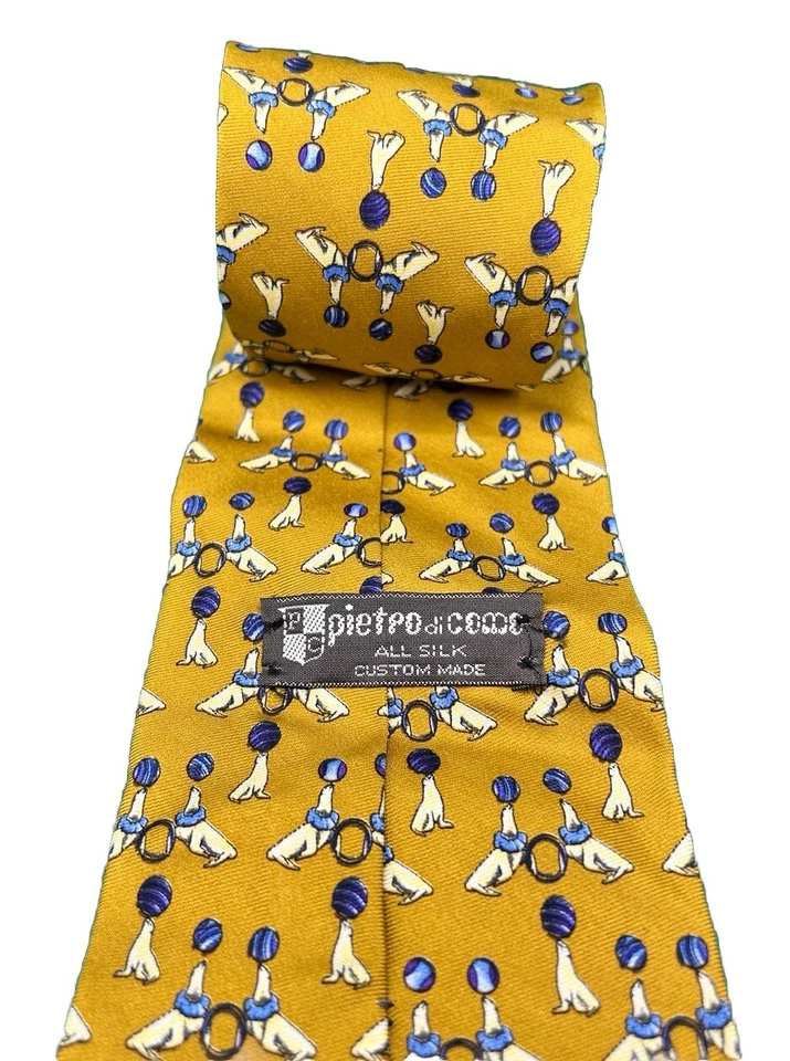 复古 Pietro Di Como 黄色全封印花丝绸领带 二手状况完好 — 第 3/3 张图片
