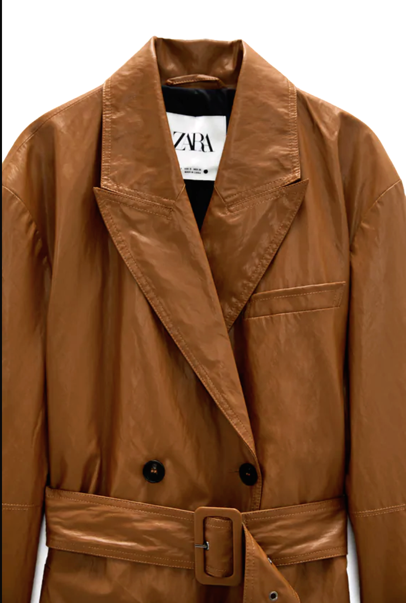 ZARA NEW WOMAN FAUX LEATHER COAT TRENCH JACKET BRICK CAMEL BROWN 