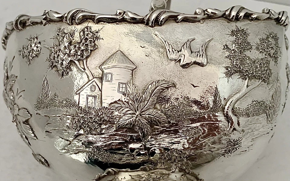 S KIRK STERLING ARCHITECTURAL LANDSCAPE CASTLE REPOUSSE SUGAR BASKET 1896-1924 - Image 4 of 4