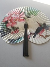 VINTAGE MID CENTURY METAL CASED ASIAN HAND FAN WITH LOCK BIRD FLOWERING TREE