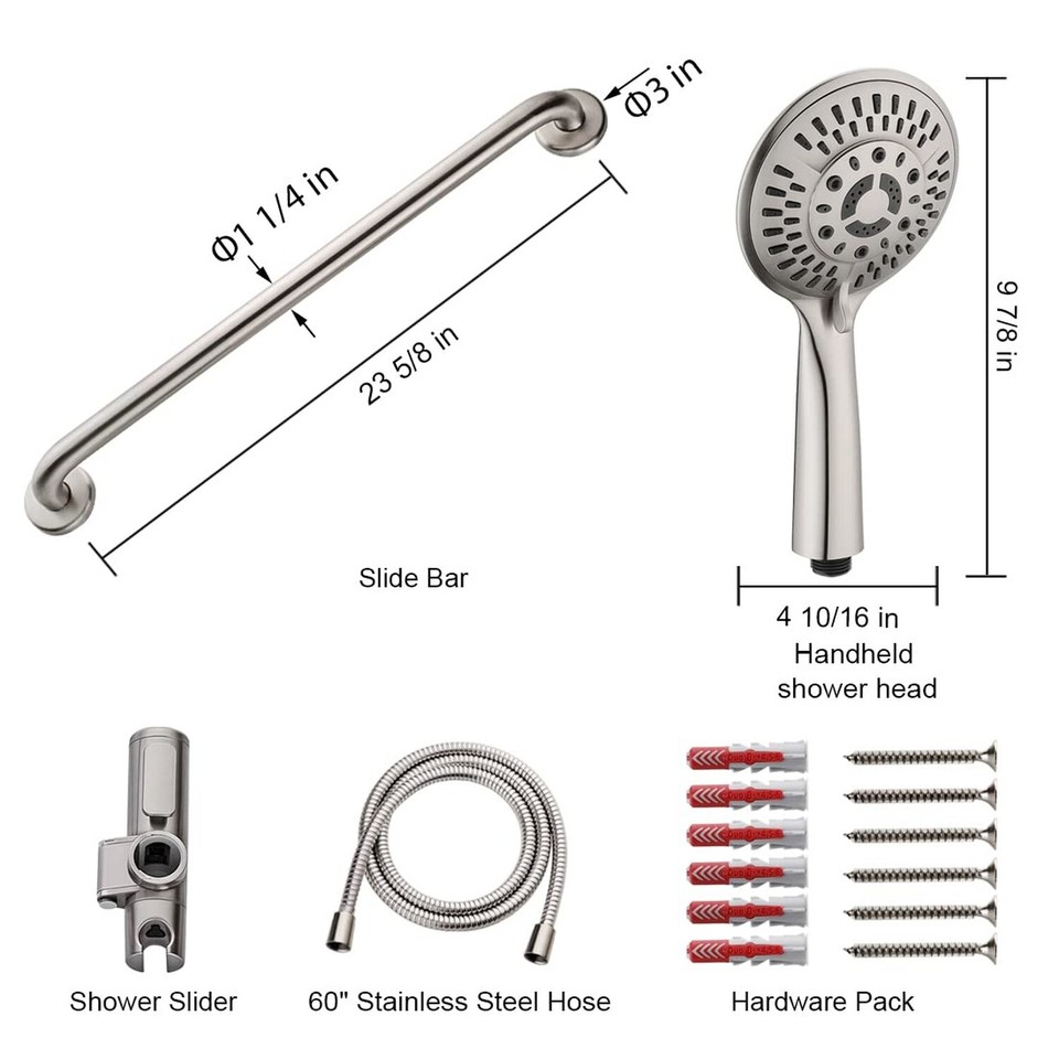 Klanata Stainless Steel Slide Bar Grab Rail Set – Handheld Shower Head With Adjustable Holder, 360° Rotating, 500 Lbs Capacity, For Bathroom Safety