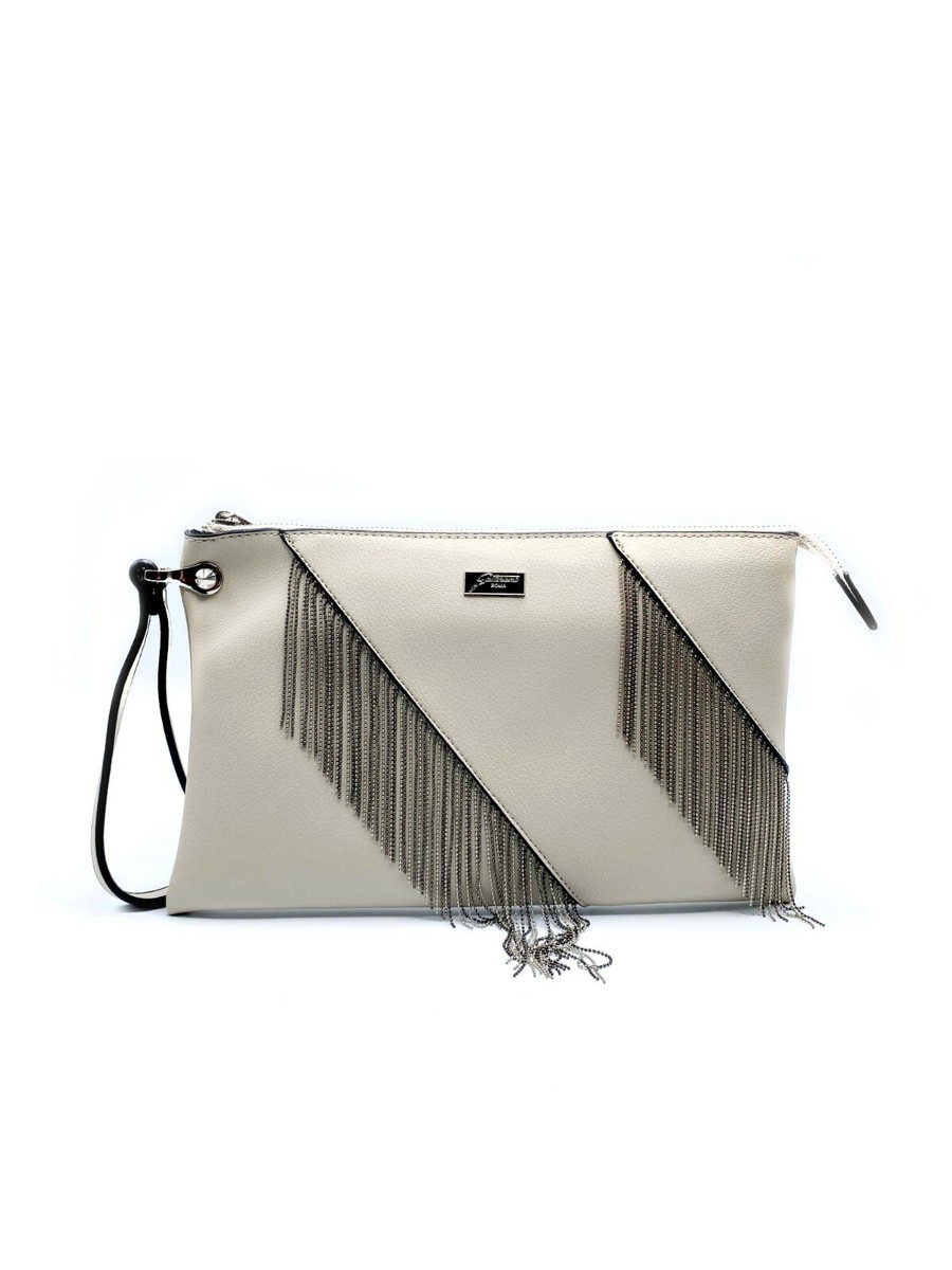 Borsa da donna Pochette Gattinoni beige a mano frangie zip piccola