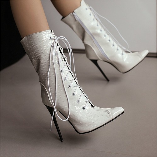 Sexy Botas al Tobillo Para Mujer Punta Punta Ultra Alta Tacón de Aguja Con Cordones Cremallera Lateral - Imagen 5 de 25