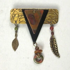Statement Brooch Dangle Pin Goldtone Leaf Copper Metal Artisan Hand Crafted