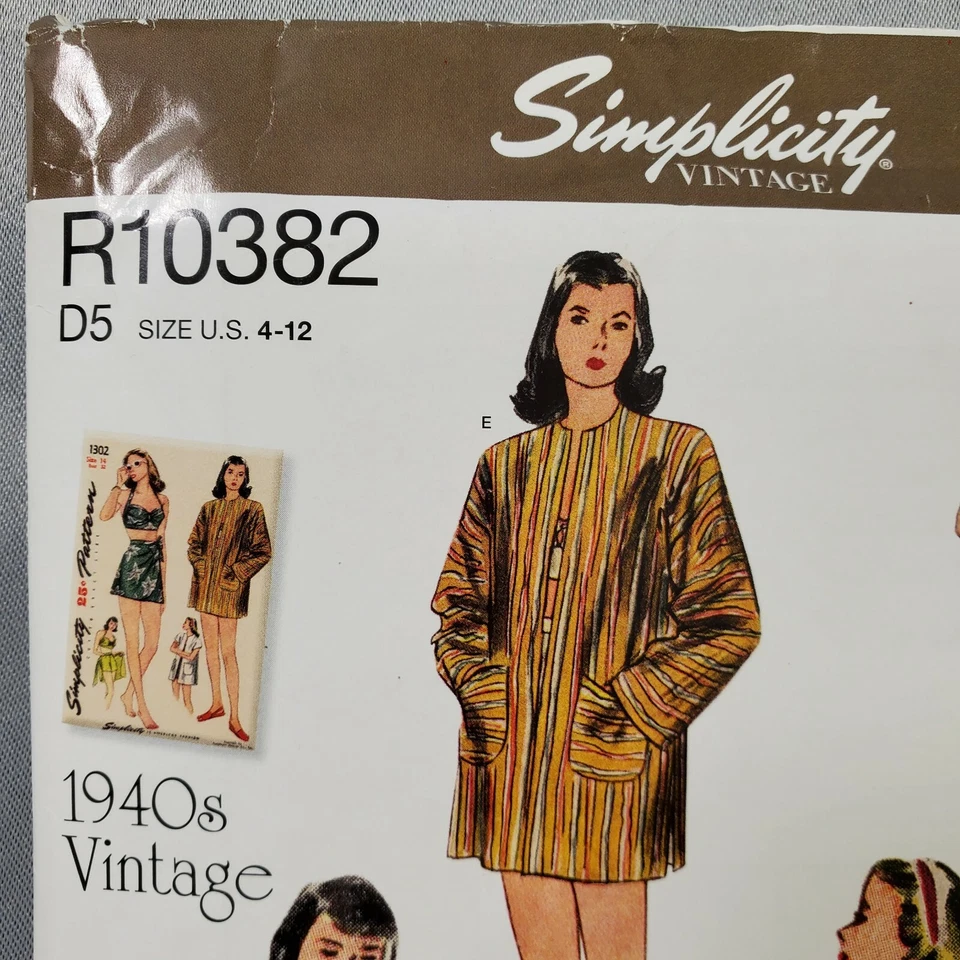 Simplicity Pattern R10382 Misses Retro Bikini Top Shorts Wrap Skirt Coat UNCUT - Image 2 of 4