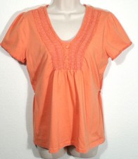 Fred David Women Size Large Top Orange Embroidered Shirred Shoulders Back Tie