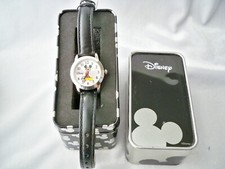 Disney Mickey Mouse With Moving Dial Arms Genuine Black Leather Band Watch