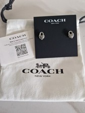 COACH Crystal Stone Quilted Broken Heart Padlock Stud Earrings Silver Tone