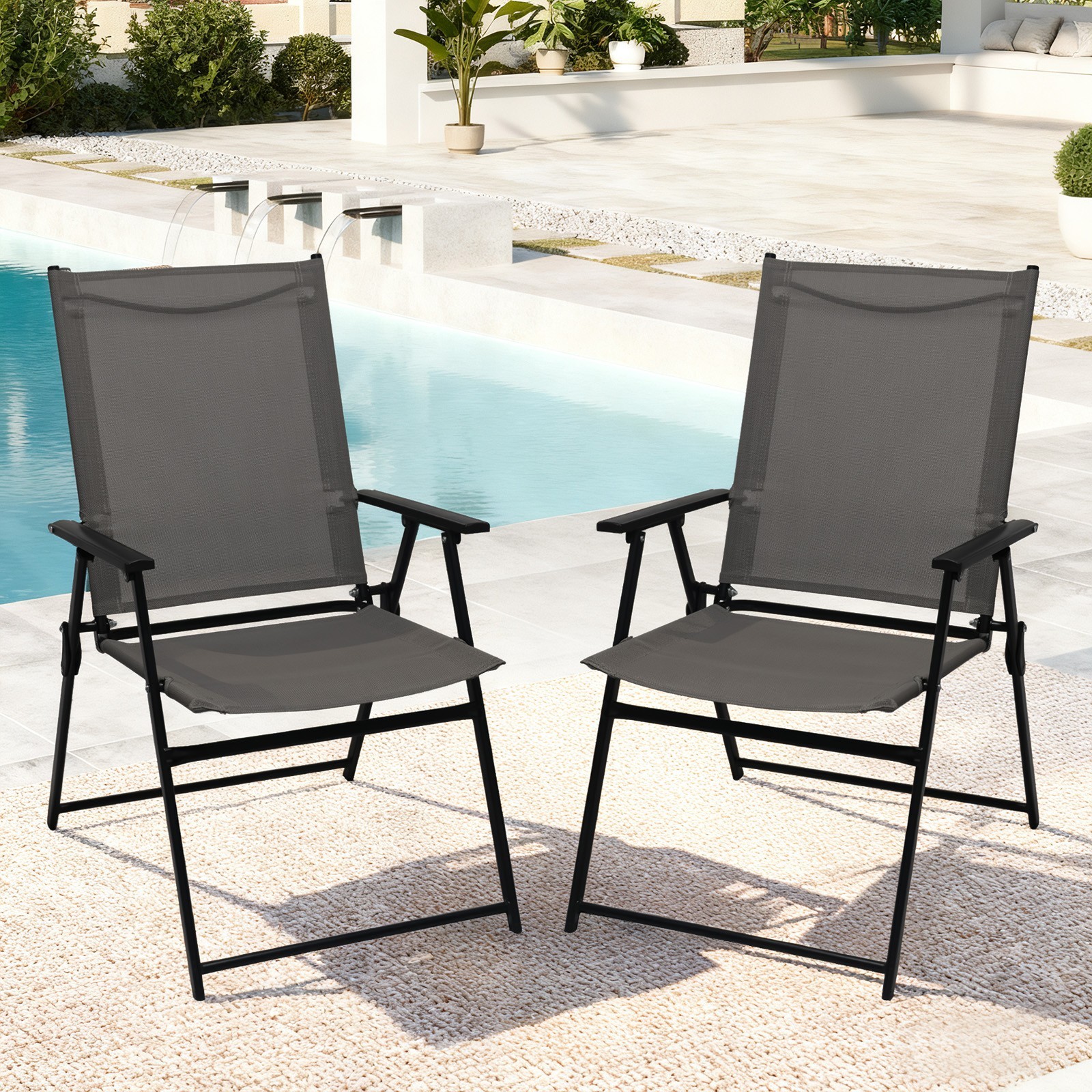 Set of 2 Patio Folding Chairs Outdoor Dining Lawn Chair w/Armrest Portable Grey
