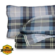 Bare Home Queen Flannel Sheet Set Symphony Plaid Blue Cotton Deep Pocket