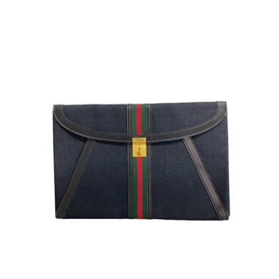 GUCCI Navy Canvas Clutch Bag Gold Web Stripe Vintage Auth