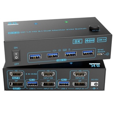 8K Displayport 1.4 + HDMI 2.1 Dual Monitor KVM Switch 2 Monitors 2 Computers ...
