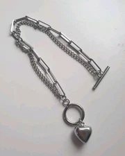 Womens Bracelet Paperclip Chain Link Heart Pendant Double T Bar Birthday Gift 
