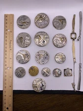 Lot 15 Vintage Antique Elgin Waltham Hampden Pocket Watch Movements & GF Bands