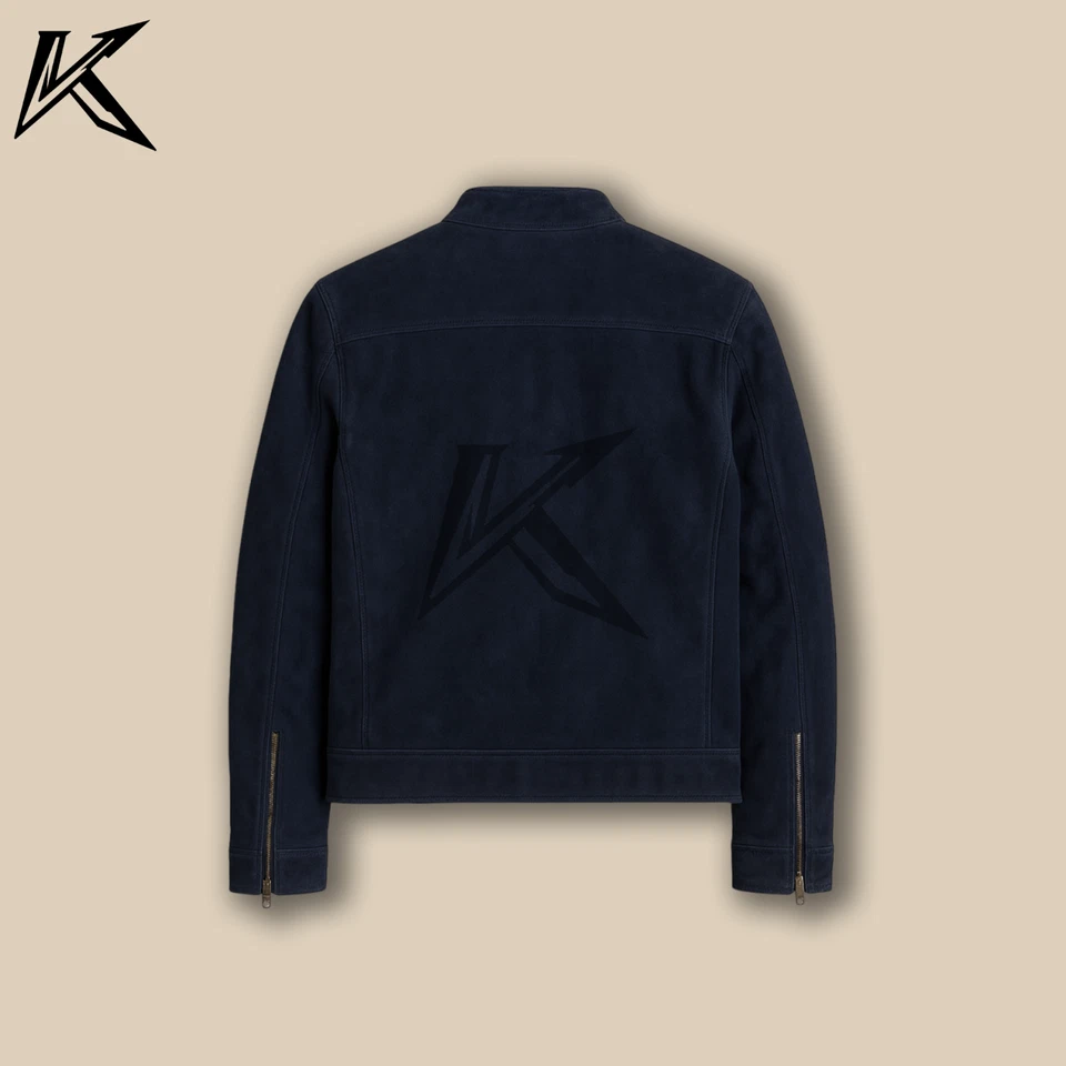 Mens Navy Suede Moto Jacket Biker Style Zip Up Lightweight Faux Suede Coat - Image 4 of 4