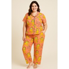 Womens Garfield Pajama Set Orange Cartoon Print Sleepwear Top Pants Size 48