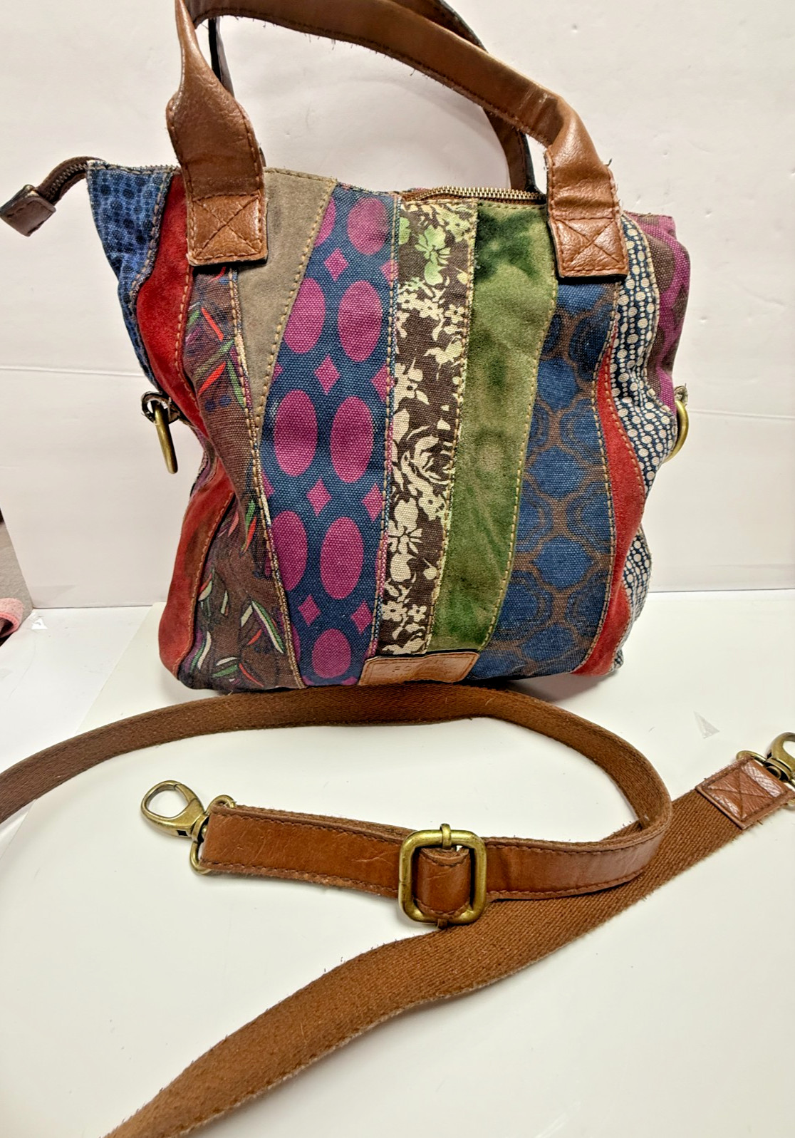 Fossil Patchwork Shoulder Bag Boho Leather Canvas… - image 2