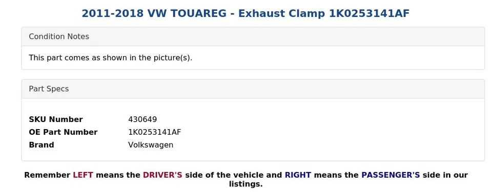 2011-2018 VW TOUAREG - выхлопной зажим 1K0253141AF - Изображение 4 из 4