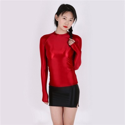 Gloss BodySuit Unterhemden Bodys Schlank T-Shirts Damen Lange Tops Satin