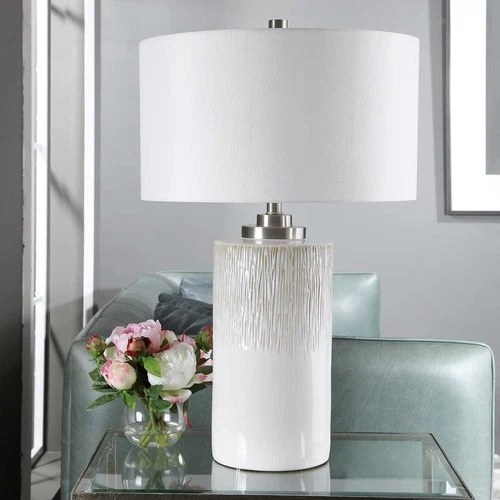 UTTERMOST 26354-1 GEORGIOS AGED WHITE CYLINDER CERAMIC TABLE LAMP + LINEN SHADE - Picture 1 of 8