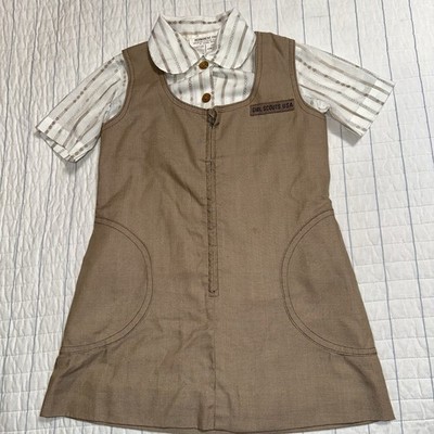 Vintage Girl Scouts USA Official Uniform Jumper and Striped Shirt Set Brown Kids
