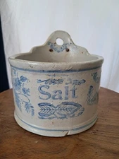 Antique German Stoneware Salt Cellar Wall Hanging Blue & Cream 6” Design