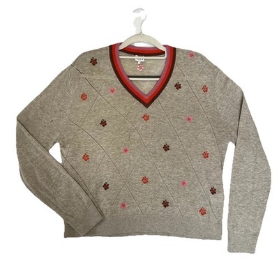 Anthropologie Kule The Kai Large Tan Linen Floral Embroidered V-Neck Sweater