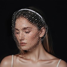1920s White Veil Headband with Rhinestone, Birdcage Veil Flapper, Mesh Vintage L
