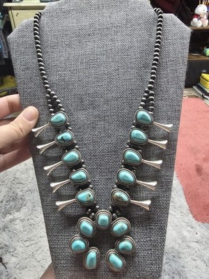 Handmade Turquoise Squash Blossom Necklace   Western Statement Jewelry