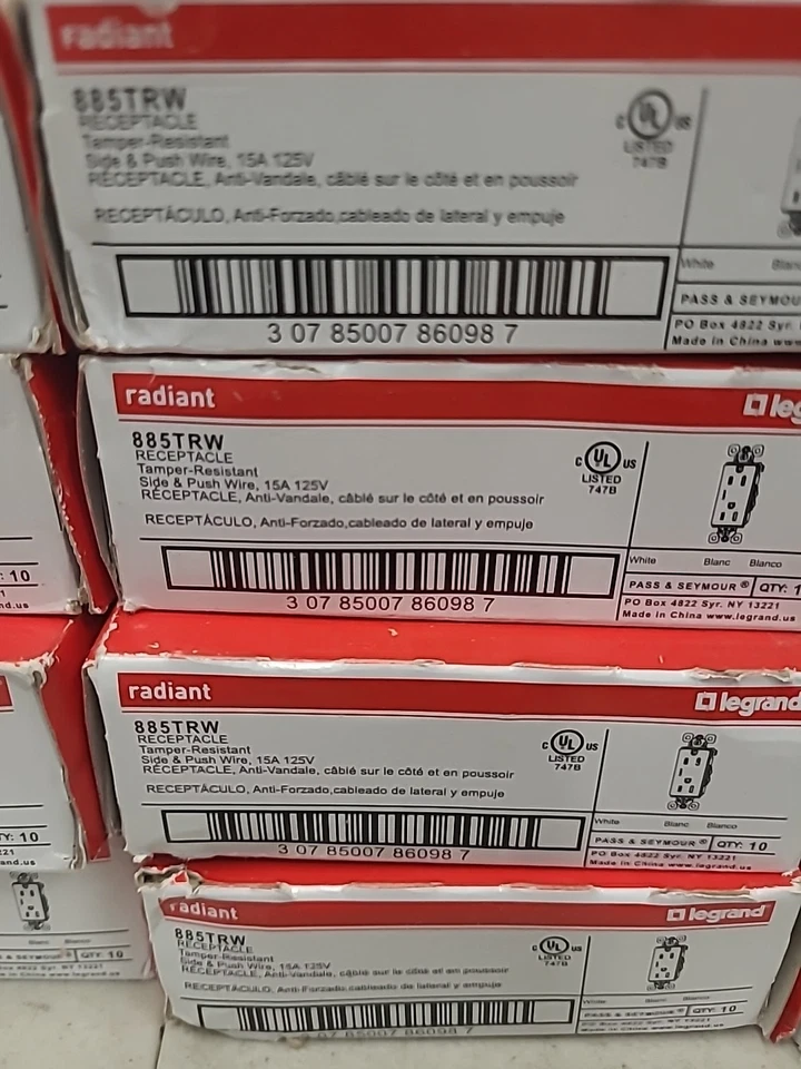 14 Box Pass & Seymour 885TRW White 15A Tamper Resist Decorator Receptacles 10-pk - Image 3 of 4