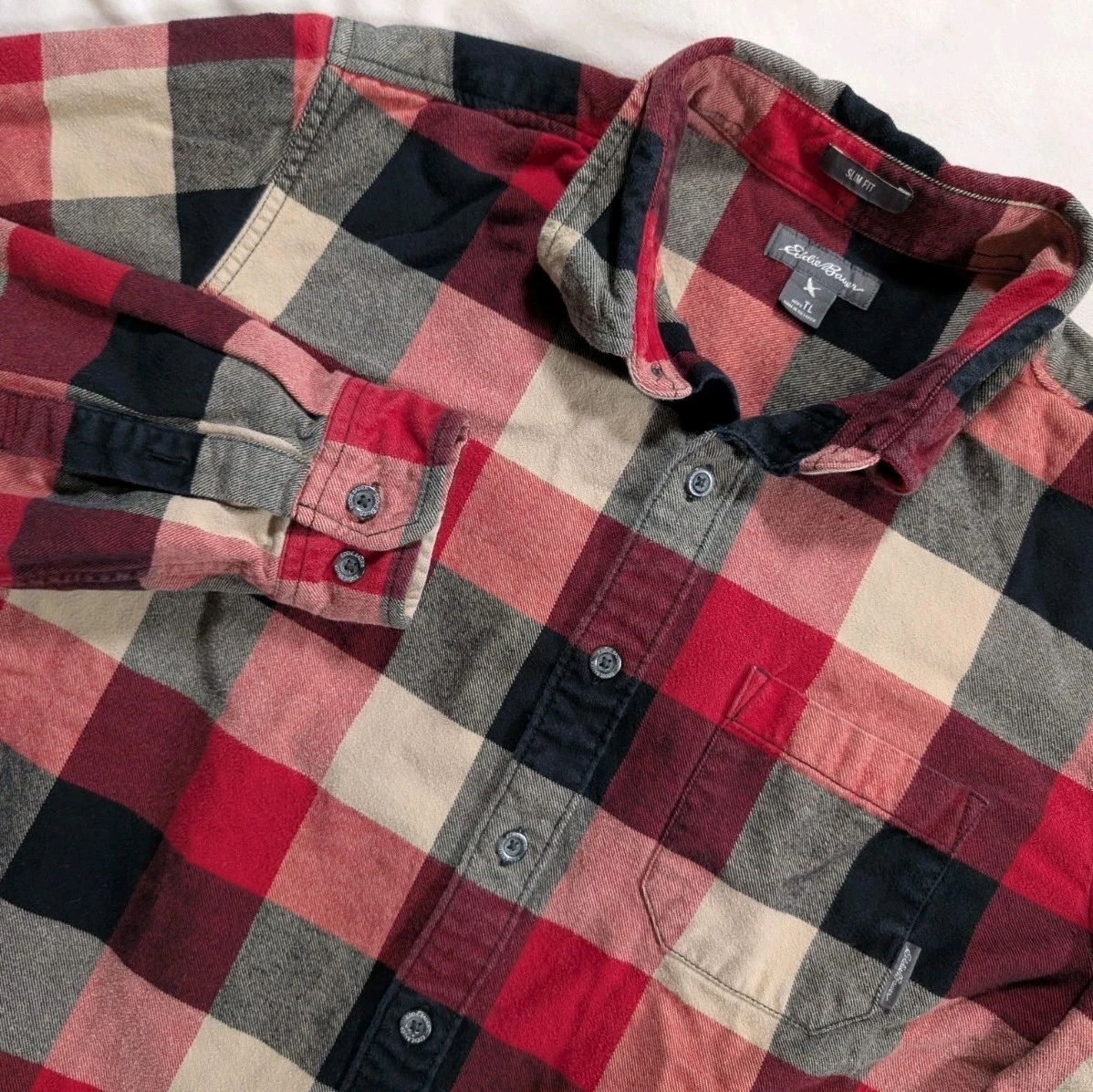 Eddie Bauer Shirt Flannel Tartan Plaid Button Up Slim Fit Fall Colors Men's LT