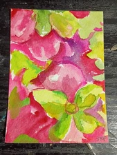 Pink, Lime Green  Hydrangea Flowers ACEO Original Watercolor Art Sharon Foster