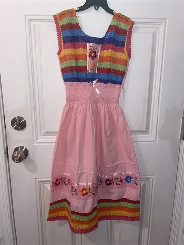 Girls Mexican Embroidered Crochet Floral Multicolor Pink Dress Size 12 - Picture 13 of 14