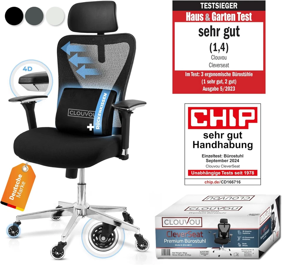 CLOUVOU ergonomischer Buerostuhl 150 kg CleverSeat Schreibtischstuhl Home Office