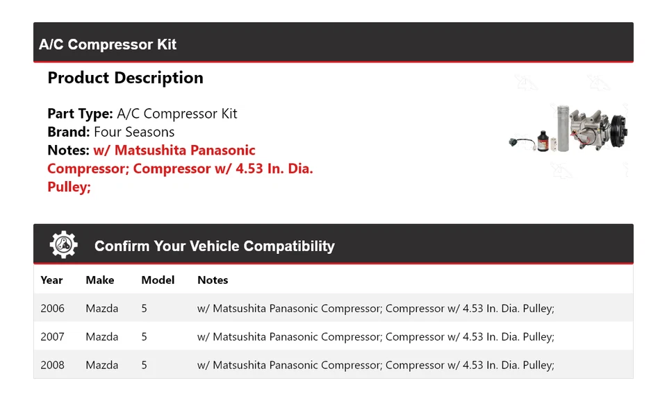 Комплект компрессора кондиционера для Mazda 5 2006-2008 годов выпуска 4 сезона 2007 - Изображение 2 из 4