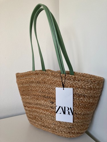 ZARA small JUTE basket TOTE BAG green pu leather handles pocket green NEW - Picture 10 of 19