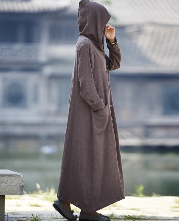 Hooded Cape Coat Womens Maxi Full Long Poncho Cotton Linen Kaftan Outwear Casual - Image 3 of 4