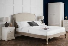 Classic French Design Limed Oak Effect and Oatmeal Linen Fabric Bed Frame