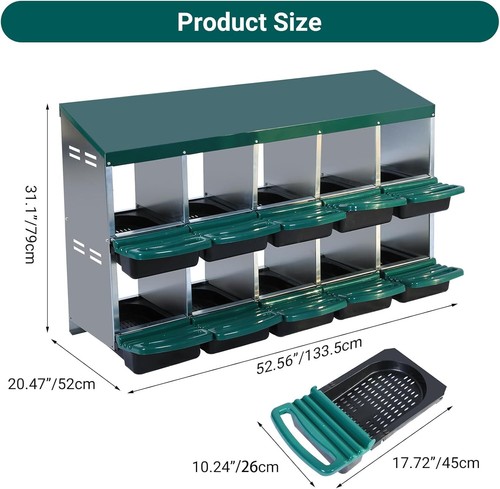 10 Compartments Chicken Nesting Boxes with Rollout Egg Collection & Lid Cover US - Picture 2 of 9