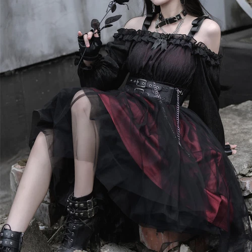 Abito donna gotico maglia con volant manica a sbuffo Lolita steampunk cosplay irregolare rosso - Foto 2 di 17