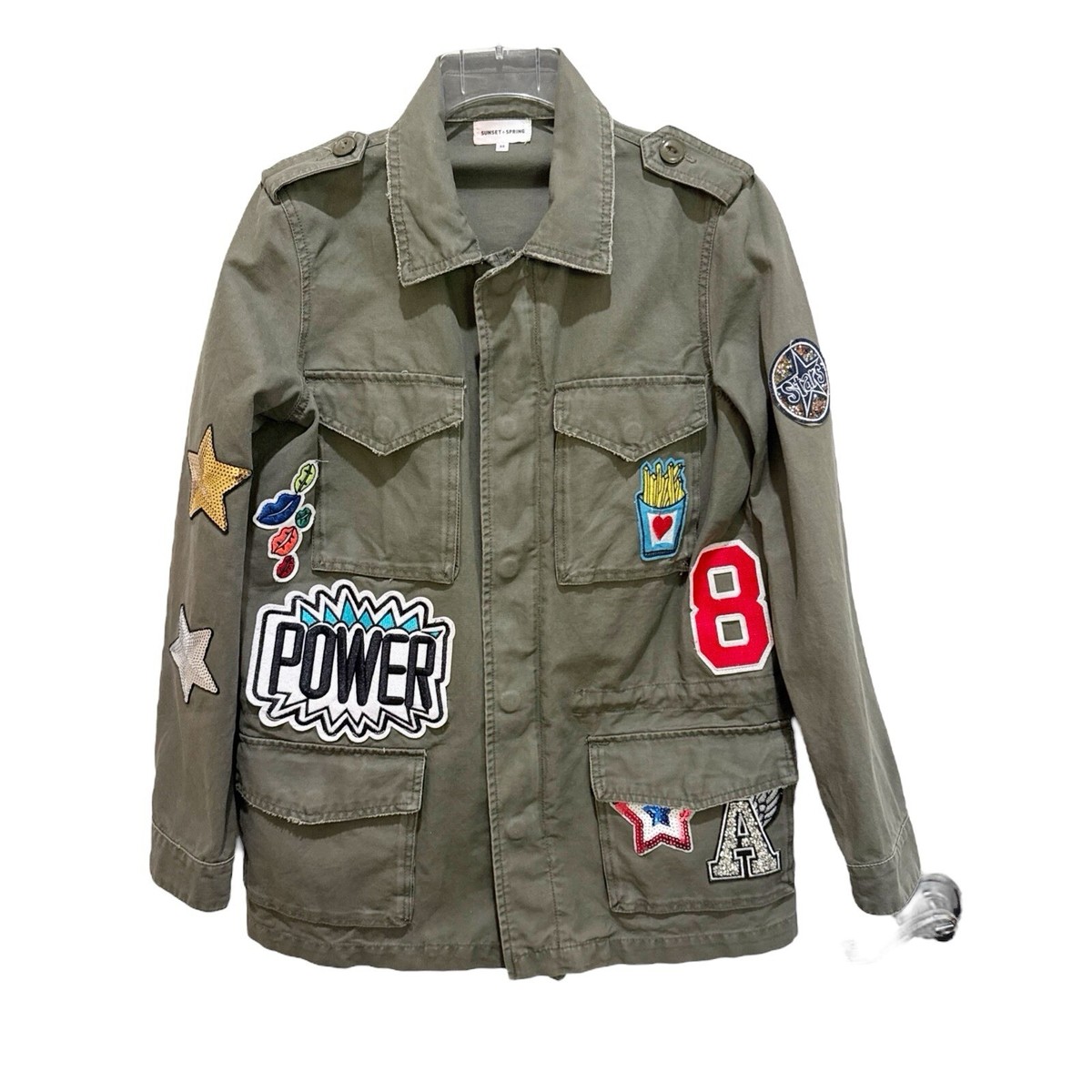 Sunset + Spring Utility Jacket Army Green Patch Coat Pockets Sunset + Spring Utility Jacket Army Green Patch Coat Pockets