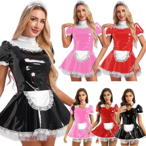 Damen Latex Dienstmädchen Outfit Erwachsene Halloween französisches Dienstmädchen Kostüm Cosplay Schürze Kleid - Bild 1 von 73