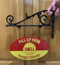Shell Cast Iron Sign Gasoline Oil Double Sided Bracket Vintage Style Wall Decor
