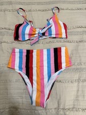 Women's Swimsuit Highwaisted Bikini 2 Piece Striped Multicolor Size LARGE