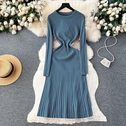 Mode Solide Herbst Winter Strick Langes Kleid Elegant Pullover Kleid Damen - Bild 26 von 29