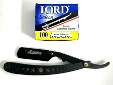 100 BLADES + CLASSIC BARBER STRAIGHT RAZOR CUT THROAT SHAVING SALON BLACK LORD S