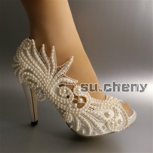 su.cheny 3” 4” heel satin white ivory lace pearl open toe Wedding Bridal shoes - Picture 15 of 29