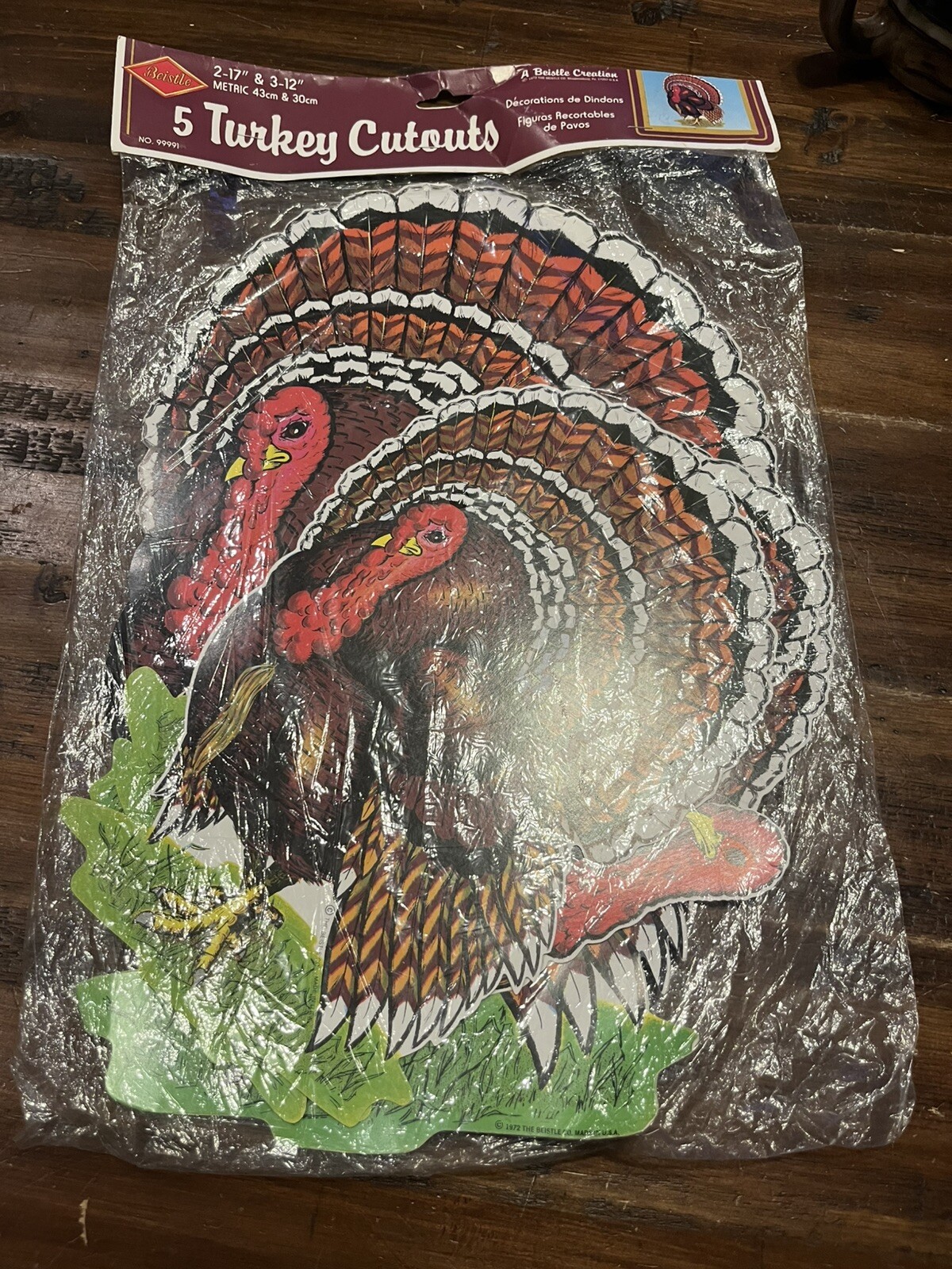 1972 Beistle Thanksgiving Turkey Cardboard Diecut Decorations In Orig. Pkg Of  5