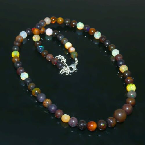 925 Sterling Silver Real Black Opal Multi Color Beaded Strand Necklace Jewelry - Picture 1 of 5