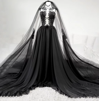 A Line Long Sleeves Black Wedding Dress Sheer Tulle Lace Keyhole Back Custom | eBay A Line Long Sleeves Black Wedding Dress Sheer Tulle Lace Keyhole Back Custom | eBay